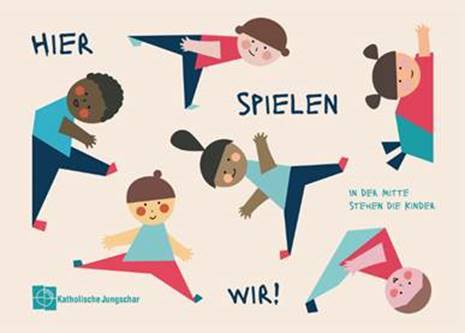 Cartoon images of children playing with "Children play here" in German.